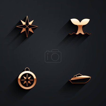 Illustration for Set Wind rose, Whale tail, Compass and Speedboat icon with long shadow. Vector - Royalty Free Image