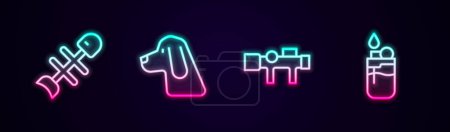 Téléchargez les illustrations : Set line Dead fish, Hunting dog, Sniper optical sight and Lighter. Glowing neon icon. Vector - en licence libre de droit