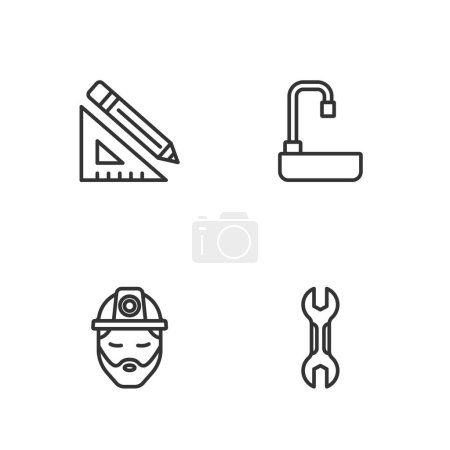 Illustration for Set line Wrench spanner, Builder, Triangular ruler and pencil and Washbasin icon. Vector - Royalty Free Image