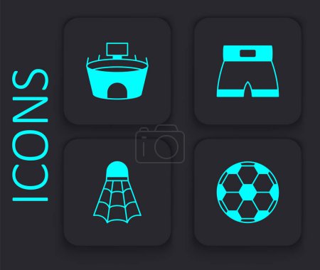 Ilustración de Set Soccer football ball, Stadium, Boxing short and Badminton shuttlecock icon. Black square button. Vector - Imagen libre de derechos