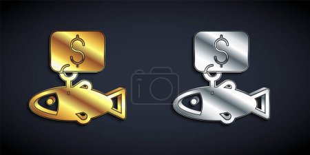 Illustration for Gold and silver Price tag for fish icon isolated on black background. Long shadow style. Vector - Royalty Free Image