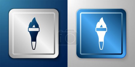 Téléchargez les illustrations : White Torch flame icon isolated on blue and grey background. Symbol fire hot, flame power, flaming and heat. Silver and blue square button. Vector - en licence libre de droit