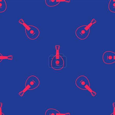 Téléchargez les illustrations : Rouge Instrument de musique traditionnel mandoline icône isolé motif sans couture sur fond bleu. Vecteur - en licence libre de droit