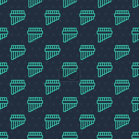 Illustration for Green line Pan flute icon isolated seamless pattern on blue background. Traditional peruvian musical instrument. Folk instrument from Peru, Bolivia and Mexico.  Vector - Royalty Free Image