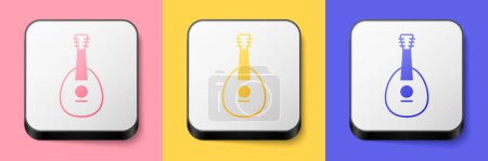 Téléchargez les illustrations : Isométrique Instrument de musique traditionnel mandoline icône isolée sur fond rose, jaune et bleu. Bouton carré. Vecteur - en licence libre de droit