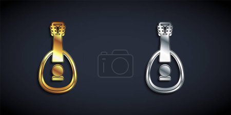 Téléchargez les illustrations : Gold and silver Traditional musical instrument mandolin icon isolated on black background. Long shadow style. Vector - en licence libre de droit