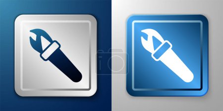 Téléchargez les illustrations : White Torch flame icon isolated on blue and grey background. Symbol fire hot, flame power, flaming and heat. Silver and blue square button. Vector - en licence libre de droit
