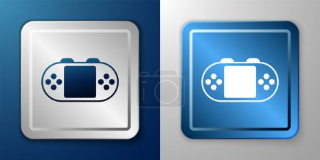 Téléchargez les illustrations : Icône de console de jeu vidéo portable blanche isolée sur fond bleu et gris. Jeu de console portable. Bouton carré argent et bleu. Vecteur - en licence libre de droit
