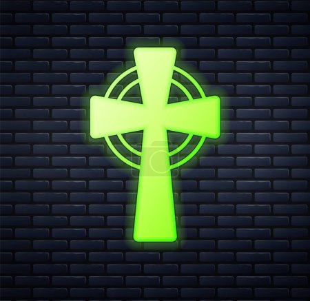 Illustration for Glowing neon Celtic cross icon isolated on brick wall background. Happy Saint Patricks day. National Irish holiday.  Vector - Royalty Free Image