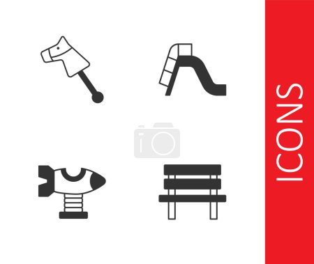 Téléchargez les illustrations : Set Bench, Toy horse, Swing plane and Slide playground icon. Vector - en licence libre de droit