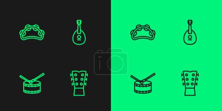 Illustration for Set line Guitar neck, Drum with drum sticks, Tambourine and Mandolin icon. Vector - Royalty Free Image