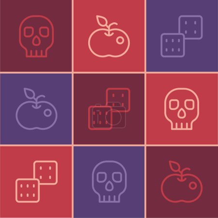 Illustration for Set line Skull, Game dice and Poison apple icon. Vector - Royalty Free Image