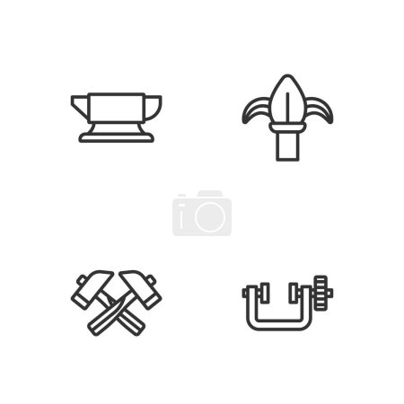 Illustration for Set line Clamp and screw tool, Crossed hammer, Blacksmith anvil and Classic iron fence icon. Vector - Royalty Free Image