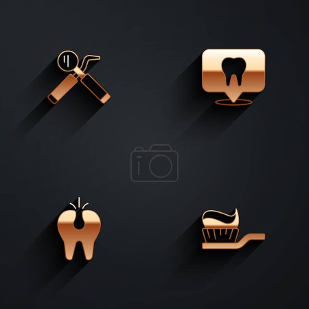 Illustration for Set Dental mirror and probe clinic location Broken tooth and Toothbrush with toothpaste icon with long shadow. Vector. - Royalty Free Image