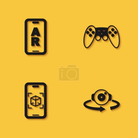 Téléchargez les illustrations : Set Augmented reality AR 360 degree view 3d modeling and Gamepad icon with long shadow. Vector. - en licence libre de droit