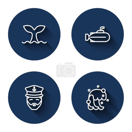Illustration for Set line Whale tail Submarine Captain of ship and Tsunami with long shadow. Blue circle button. Vector. - Royalty Free Image
