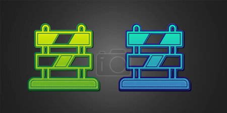 Téléchargez les illustrations : Green and blue End of railway tracks icon isolated on black background. Stop sign. Railroad buffer end to destination.  Vector - en licence libre de droit