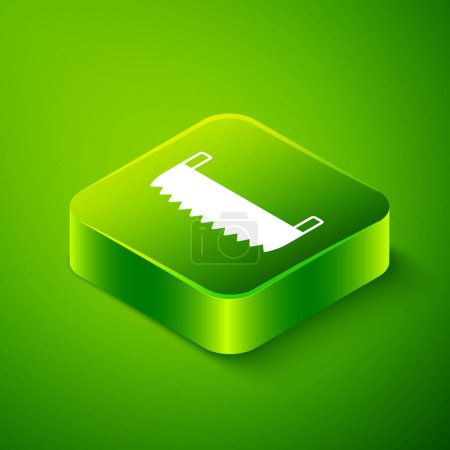 Illustration for Isometric Two-handed saw icon isolated on green background. Green square button. Vector - Royalty Free Image