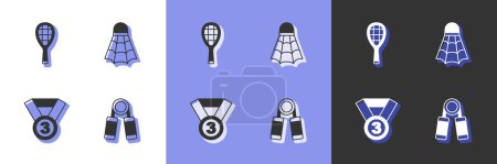 Ilustración de Set Sport expander Tennis racket Medal and Badminton shuttlecock icon. Vector. - Imagen libre de derechos