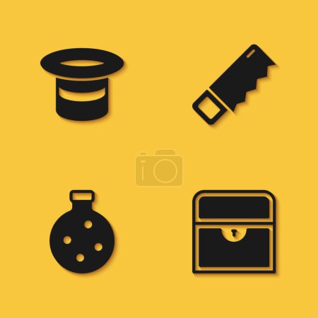 Illustration for Set Magic hat Antique treasure chest Bottle with potion and Hand saw icon with long shadow. Vector. - Royalty Free Image