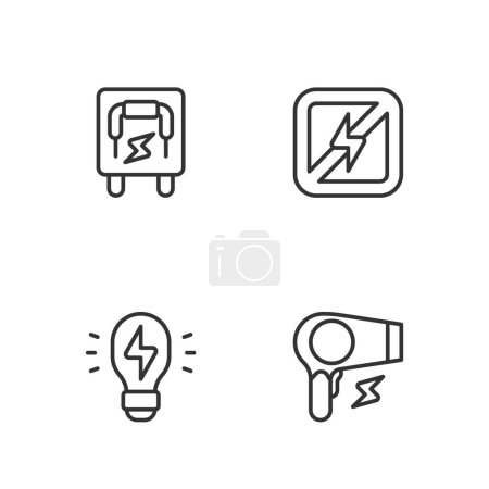Ilustración de Set line Hair dryer, Creative lamp light idea, Electrical panel and No lightning icon. Vector - Imagen libre de derechos
