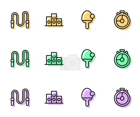 Illustration for Set line Racket Jump rope Award over sports winner podium and Stopwatch icon. Vector. - Royalty Free Image
