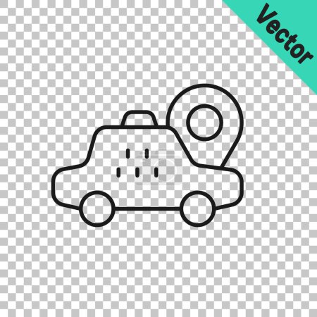 Illustration for Black line Map pointer with taxi car icon isolated on transparent background. Location symbol.  Vector - Royalty Free Image