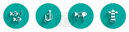 Téléchargez les illustrations : Set crochet de pêche avec du poisson, et ver, leurre et icône phare avec une longue ombre. Vecteur - en licence libre de droit