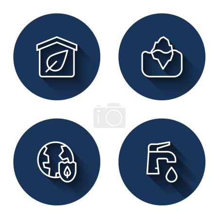 Illustration for Set line Eco friendly house, Iceberg, Earth with shield and Water tap with long shadow. Blue circle button. Vector - Royalty Free Image