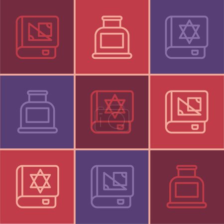Illustration for Set line Book about geometry Jewish torah book and Inkwell icon. Vector. - Royalty Free Image