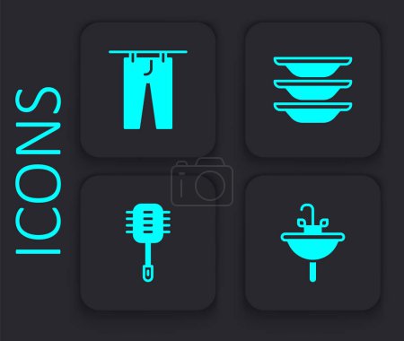 Illustration for Set Washbasin, Drying clothes, Washing dishes and Toilet brush icon. Black square button. Vector - Royalty Free Image