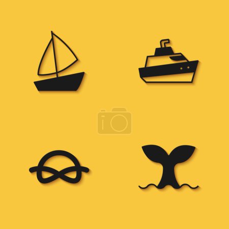 Illustration for Set Yacht sailboat, Whale tail, Nautical rope knots and Speedboat icon with long shadow. Vector - Royalty Free Image