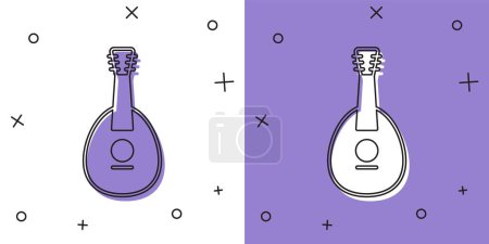 Téléchargez les illustrations : Set Instrument de musique traditionnel mandoline icône isolée sur fond blanc et violet. Vecteur - en licence libre de droit