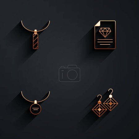 Illustration for Set Pendant on necklace, Certificate of the diamond, Locket and Earrings icon with long shadow. Vector - Royalty Free Image