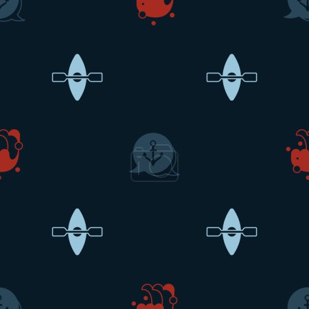 Illustration for Set Tsunami, Anchor and Kayak and paddle on seamless pattern. Vector - Royalty Free Image