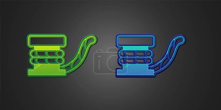 Illustration for Green and blue Marine bollard with rope tied on pier icon isolated on black background.  Vector - Royalty Free Image