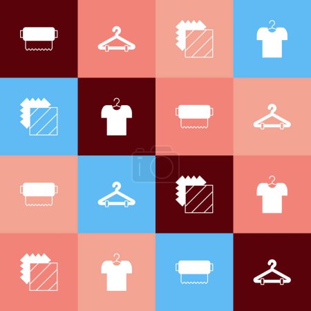 Illustration for Set pop art Textile fabric roll Hanger wardrobe Layers clothing textile and T-shirt on hanger icon. Vector. - Royalty Free Image