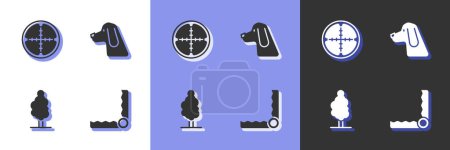 Téléchargez les illustrations : Set Piège chasse Sniper vue optique Arbre et chien de chasse icône. Vecteur. - en licence libre de droit