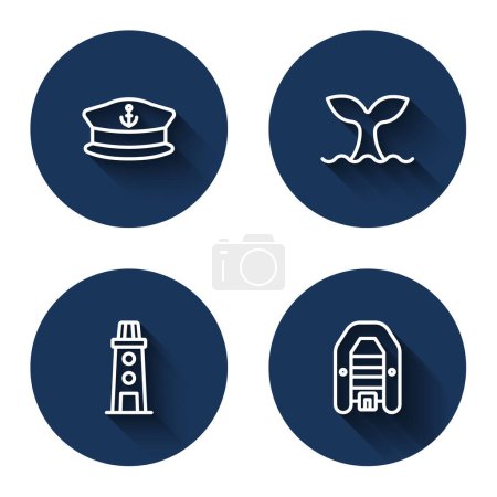 Illustration for Set line Captain hat Whale tail Lighthouse and Inflatable boat with motor with long shadow. Blue circle button. Vector. - Royalty Free Image