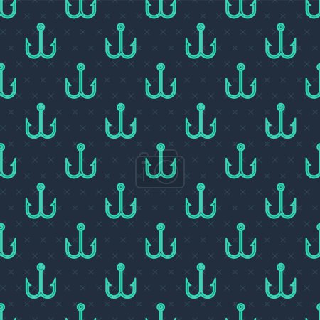 Green line Fishing hook icon isolated seamless pattern on blue background. Fishing tackle.  Vector