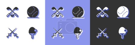 Ilustración de Set raqueta, palos de hockey sobre hielo y disco, esgrima y béisbol icono de la bola. Vector - Imagen libre de derechos