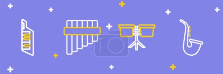 Illustration for Set line Saxophone Bongo drum Pan flute and Keytar icon. Vector. - Royalty Free Image
