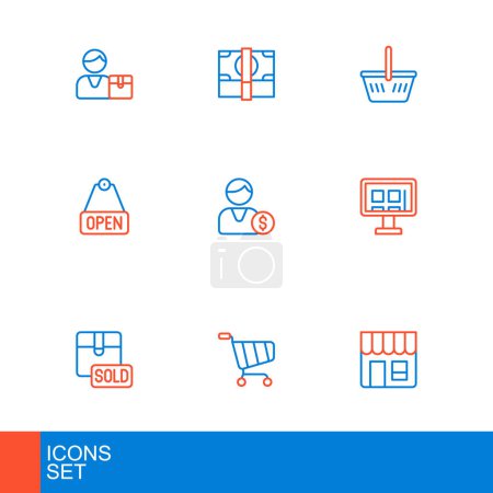 Illustration for Set line Market store, Shopping cart, Sold, Online shopping on screen, Hanging sign with text Open, Buyer, basket and Stacks paper money cash icon. Vector - Royalty Free Image