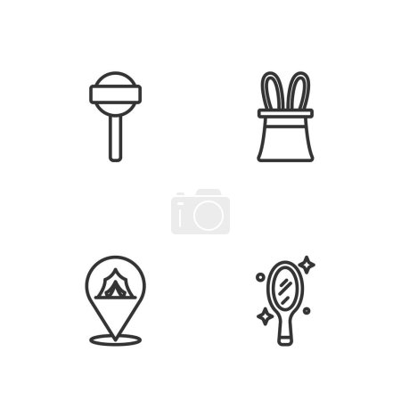 Ilustración de Set line Espejo de mano mágico, tienda de circo, piruleta y sombrero de mago icono de orejas de conejo. Vector - Imagen libre de derechos