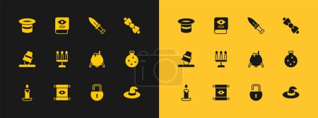Illustration for Set Bow tie, Magic scroll, Witch cauldron, Open padlock, Candlestick, Dagger, hat and Ancient magic book icon. Vector - Royalty Free Image