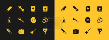 Illustration for Set Magic carpet, Wallet, runes, Witches broom, staff, Playing cards, Hand saw and Bow tie icon. Vector - Royalty Free Image