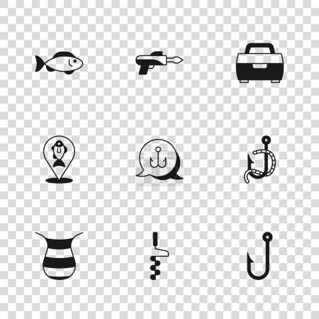 Ilustración de Set Taladro de hielo de mano, gusano de anzuelo de pesca, caja de herramientas para equipos de pesca, arpón e icono de ubicación. Vector - Imagen libre de derechos