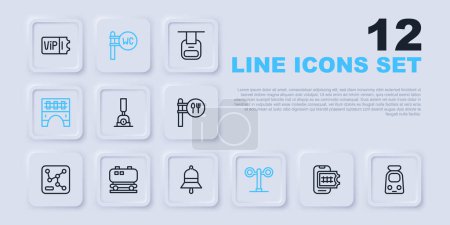 Illustration for Set line Online ticket booking, Train and railway, Arrow for switching the, traffic light, Bridge train, Oil cistern, Toilet and station bell icon. Vector - Royalty Free Image