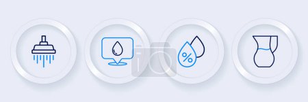 Illustration for Set line Jug glass with water, Water drop percentage, location and Shower icon. Vector - Royalty Free Image