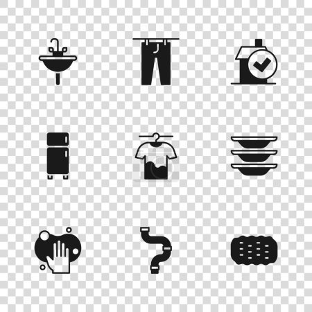 Illustration for Set Industry metallic pipe, Washing dishes, Sponge, Drying clothes, Home cleaning service, Washbasin,  and Refrigerator icon. Vector - Royalty Free Image